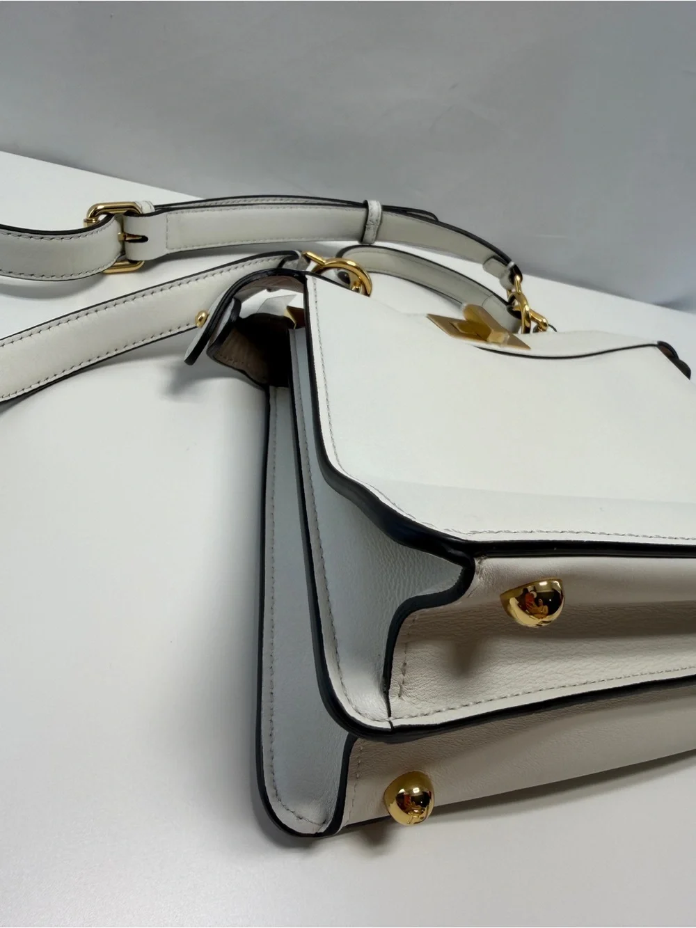 Fendi White Leather Top-Handle Satchel with Gold Hardware